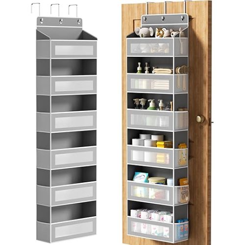 6-Tier Over The Door Organizer with Large Pocket, Over the Door Storage 12 Side Pockets, Hanging Door Organzier 44 lb Load Behind Door Storage Hanging Shelf for Closet Wall Bathroom Nursery, Grey