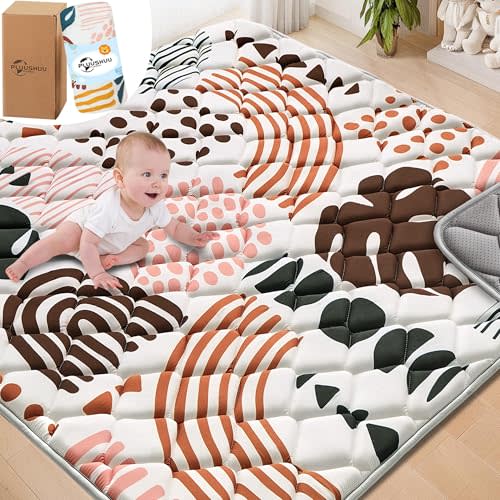 PLUUSHUU Baby Play Mats for Floor, 50x50 Playpen Mat for Babies, Extra Thicker & Soft Floor Crawling Mat, Foldable Non-Slip Playmat for Infants Toddlers, Boho Leaf Dark Brown