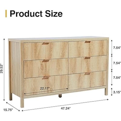 6 Drawer Double Dresser for Bedroom, Modern Closet Dressers Chest of Drawers with Fluted Panel,Wide Wood Storage Dresser Organizer for Nursery Bedroom Living Room Hallway Closet,Natural - Natural 6 Drawers