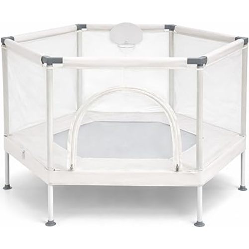 Kids Trampoline, Aesthetic Indoor and Outdoor Toddler Trampoline with Safety Net, Basketball Hoop, 220lb Capacity, Ultra Safe No-Gap Design, Gifts for Boys & Girls