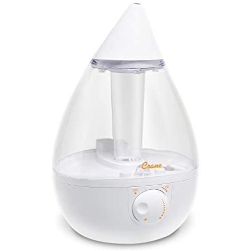 Crane Drop Ultrasonic Cool Mist Humidifier Filter Free 1 Gallon 500 Sq Ft Coverage for Plants Home Bedroom Baby Nursery and Office, Clear and White