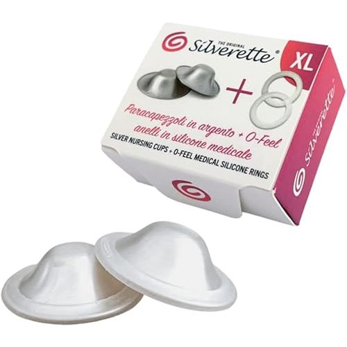 SILVERETTE The Original Silver Nursing Cups, Nipple Covers for Breastfeeding Essentials, Pure 925 Silver Nipple Shields for Breastfeeding Newborn, XL Size with O-Feel Silicone Rings