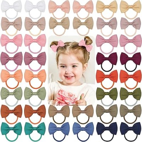40PCS 2.75" Hair Bows for Baby Girls Thick Hair Elastics Rubber Ribbon Bands, Regular Bows for Toddler Girls, Kids & Children, Pastel Colors