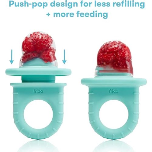 Frida Baby Push Pop Feeder, Baby Fruit Feeder + Get-A-Grip Teether Teething Toy | 100% Food-Grade Silicone Food Pacifier & Teether Toy for Baby 0-6, 12, 18 Months Infant, (Teal)