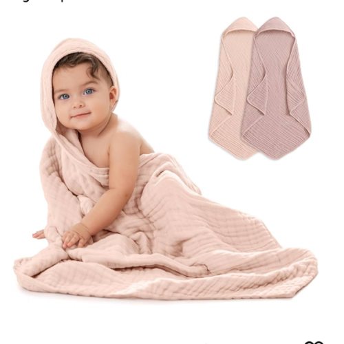 Comfy Cubs 2 Pack Baby Hooded 9 Layer Muslin Cotton Towel for Kids, Large 32” x 32”, Ultra Soft, Warm, and Absorbent Baby Essentials Bath Towels, Cute Unisex Cover for Girls and Boys (2 Pack, Caramel)