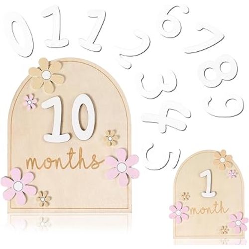 Beeveer Baby Monthly Milestone Cards with 11 Interchangeable Number Set of 12 for Baby Growth Recording Daisy Wooden Bohemian Milestone Blocks Months Signs Photo Props