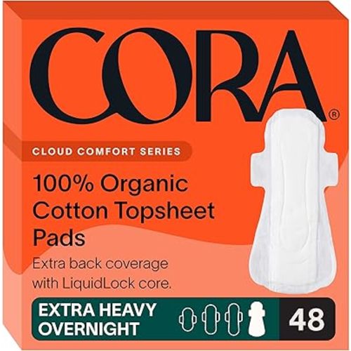 Cora 100% Organic Cotton Topsheet Pad | Ultra Thin Period Pads with Wings | Extra Heavy Overnight Absorbency | Unscented Ultra-Absorbent Sanitary Pads for Women (48 Count)