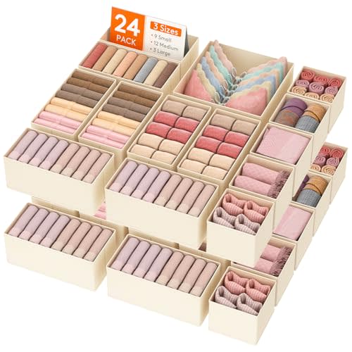 Lifewit 24 Pack Drawer Organizer, Dresser Underwear Drawer Organizer Bins, Foldable Fabric Closet Organizers, Storage Drawer Dividers, Dorm Room Essentials for Clothing, Socks, Towels, Ties Khaki