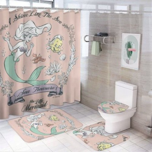 Cute The Little Mermaid Shower Curtain Set 4 Piece with Non-Slip Rugs, Toilet Lid Cover And Bath Mat Cartoon Bathroom Decor 72 X 72inch