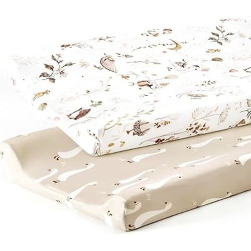 GRSSDER Stretch Ultra Soft Jersey Knit Changing Pad Cover Set 2 Pack, Change Table Pad Covers Fit 32"/34" x 16" Pads Safe and Snug, Pretty Pattern for Baby, Happy Party