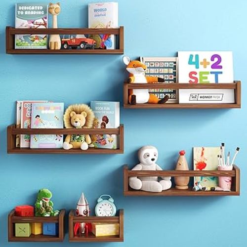 4+2 Floating Nursery Book Shelves for Wall: 4 Long & 2 Mini Shelves, Bookshelf for Kids & Baby Bookshelf, Nursery Book Shelf for Kids Rooms. Nursery Bookshelf (6-in-1 Walnut)