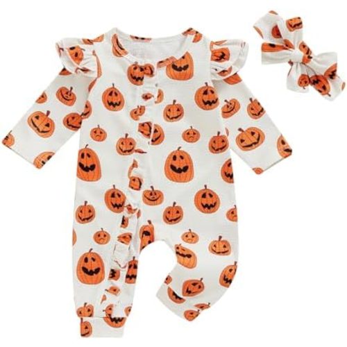Halloween Newborn Baby Girl Clothes Pumpkin Fly Sleeve Waffle Coming Home Romper Cute Fall Winter Outfits