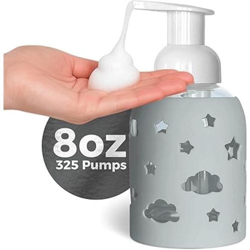 SoCal Suds & Company Foaming Hand Soap Dispenser Glass, Liquid Soap Pump with Cloud & Star Sleeve, Refillable Bottle for Kids, Baby Wash & Shampoo, Ideal for Bathroom & Kitchen Use, Light Grey, 8oz