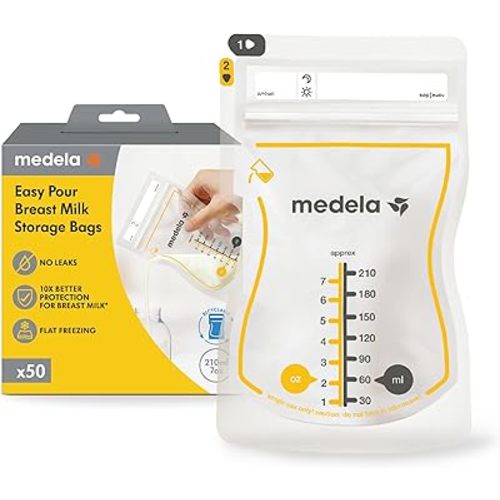 Medela New Easy Pour Recyclable Breastmilk Storage Bags, BPA Free, 50 Count 7oz/210ml, Disposable Leakproof Breast Milk Bags with Milk Protection
