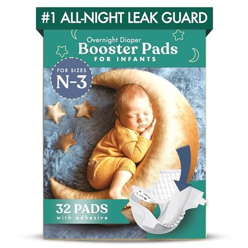 Naturally Nature Diaper Booster Pads Stop Nighttime Leaks, Adhesive Liners for Baby Overnight Diapers - Size N-3 Boys, 32-Pack - Disposable Diaper Pads for Infants