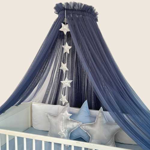 Glaucous Blue Baby Crib Canopy for kids Soft Tulle Nursery Tent with Pom Pom Garland&Optional Stars Elegant Princess Bed Decor Gift for Baby