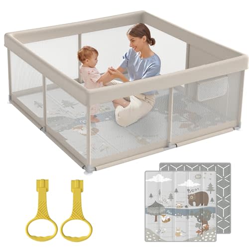 Fodoss Baby Playpen with Mat, Small Baby Play Pen(47x47inch), Playpen for Babies and Toddler (47×47inch Beige with mat)