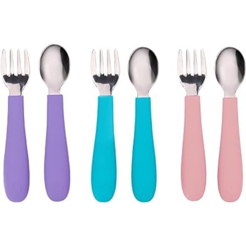 WeeSprout Toddler Utensils, 3 Forks & 3 Spoons, 18/8 Stainless Steel & Food Grade Silicone, Thick Easy-Grip Handles, Perfect Length For New Self Feeders, Gentle On Gums & Teeth, Dishwasher Safe