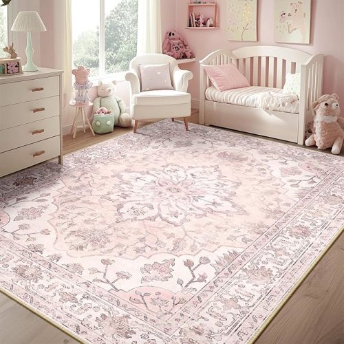 RELEANY Washable Area Rug, 5'x7', Pink | Non-Slip, Water Repellent, Pet Friendly, Easy to Clean, Vintage Floral Boho Decor for Living Room Bedroom Dining Room Office