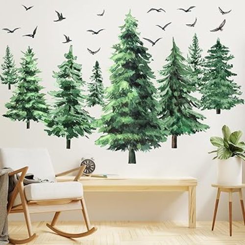 Qilery Watercolor Pine Tree Wall Decals Large Peel and Stick Forest Wall Decal Woodland Branch Birds Sticker Christmas Tree Stickers for Bedroom Living Room(Classic Style)