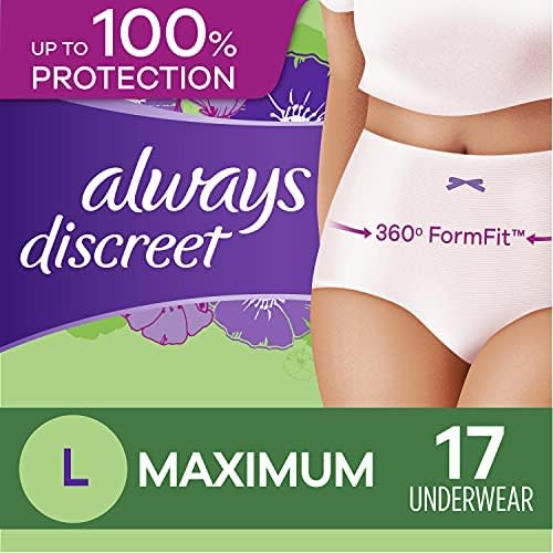 Always Discreet, Incontinence & Postpartum Underwear for Women, Maximum, Large, 17 Count