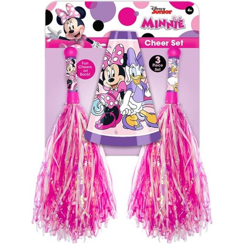 JA-RU Disney Minnie Mouse Cheer Pom Poms for Kids with Handle (1 Pack) Pink Pompoms for Cheerleading with 1 Megaphone Cheer | Dance Cheering Poms Shakers | Birthday. A-7824-1