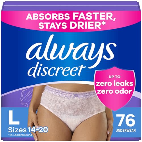Always Discreet Adult Incontinence Underwear for Women and Postpartum Underwear, L, Up to 100% Bladder Leak Protection, 76 Count (Packaging May Vary)