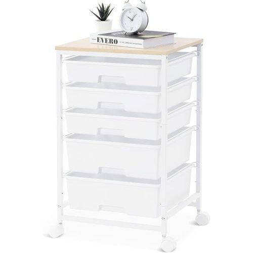 Utility Cart with 5 Drawers,Storage Drawer Cart with Wooden Tabletop and Lockable Wheels,Craft Storage Trolley Cart,5-Tier Rolling Utility Cart on Wheels,Bright White