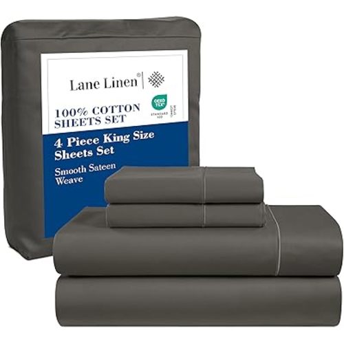 100% Cotton King Sheets - 600 Thread Count 4 Pc King Sheets Sets, Long Staple Combed Cotton Bed Sheets King, Luxury Sateen Sheets, King Size Sheets with deep Pockets fits Upto - Charcoal