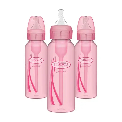 Dr. Brown’s Natural Flow® Anti-Colic Options+™ Narrow Baby Bottles 8 oz/250 mL, with Level 1 Slow Flow Nipple, 3 Pack, 0m+ Pink