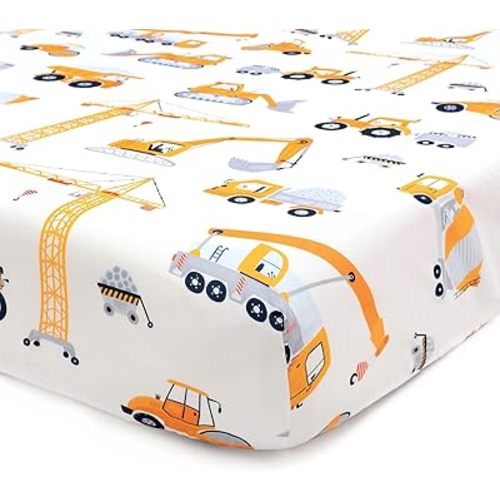 JISEN Baby Crib Sheets Soft Breathable Fitted Crib Sheets Baby Sheet for Standard Crib and Toddler Mattress Baby Bed Sheets for Crib for Baby Boys Girls Neutral 52x28 Inch Construction Trucks