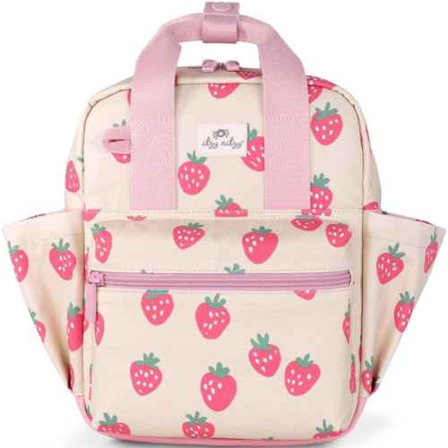 Itzy Ritzy Toddler Backpack - Daycare Bag - Features Adjustable Shoulder Straps, 2 Side Pockets & Spacious Interior with Wipeable Fabric Lining & Name Label, Strawberry Backpack