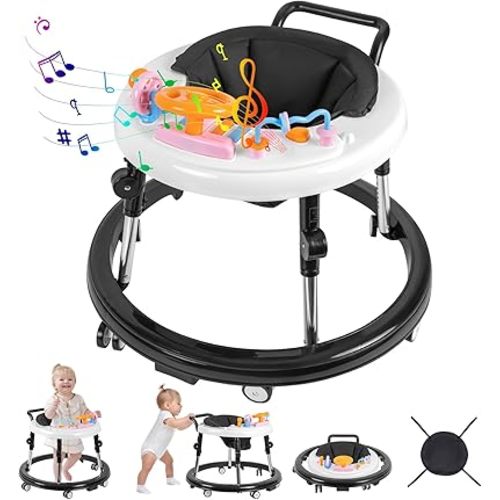Baby Walker, Foldable 9-Gear Height Adjustable Baby Walker with Wheels, Infant Toddler Walker with Music Disk, Anti-Fall Baby Walkers and Activity Center with Foot Pads for Boys and Girls 6-24 Months