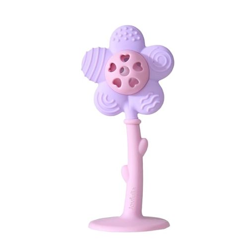 Baby Teething Toys 3-6 Months, Teether and Sensory Rattle for Babies 0-6 Months, Food Grade Silicone Teethers 6-12 Months, Infant Teething Relief Chew Toys, Sunnyflower Teether Toy BPA Free - Purple