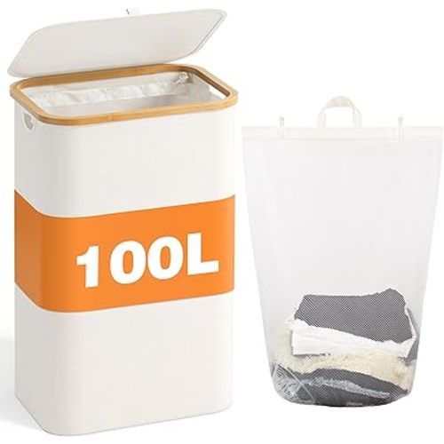 Laundry Hamper With Lid, 100L Tall Laundry Basket with Bamboo Handles Dirty Clothes Hamper with Inner Bag for Bedroom and Bathroom, Beige