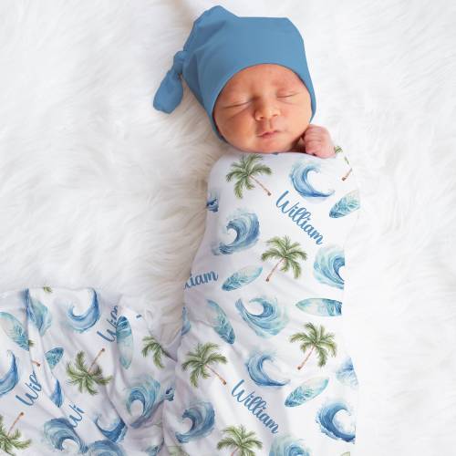 Personalized Surfer Swaddle Blanket Ocean Wave Name Baby Blanket Newborn Baby Boy Coming Home Outfit Hospital Photo Outfit Baby Shower Gift