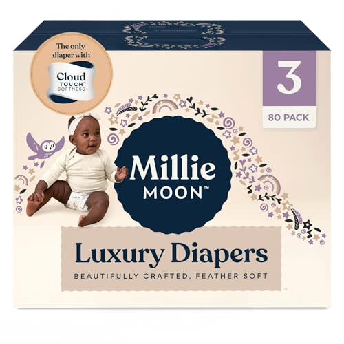 Millie Moon Luxury Diapers – Ultra Soft Cloud Touch Disposable Diapers with 12 Hour Absorbency & Wetness Indicator (3-80ct)