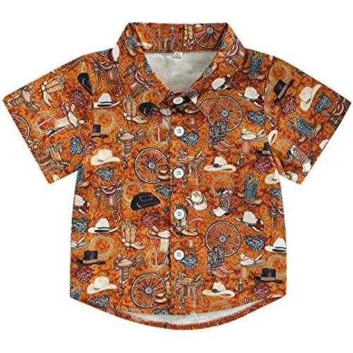 Toddler Baby Boy Button Down Shirt Short Sleeve T-Shirt Tops Western Cowboy Casual Tee Summer Clothes