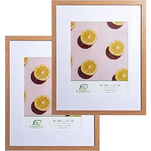 FrameWorks 2-Pack, 16x20 Matted to 11x14 Picture Frame, Golden Oak - Classic Photo Frame with Tempered Glass, Picture Frame with Clean Edges, Poster Frame with Matte White Finish, Certificate Frame