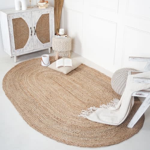 RAJRANG Large Jute Area Rug 8'x 10' Natural Hand Woven Boho Reversible Braided Farmhouse Oval Rugs