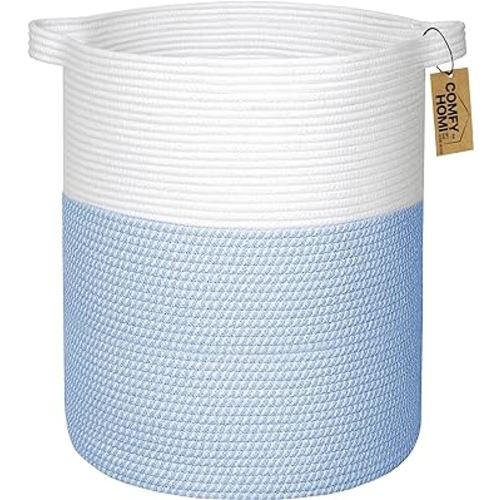 COMFY-HOMI XXL Large Laundry Basket with Handles Blanket Baskets Living Room|Woven Cotton Rope Decorative Basket Laundry Hamper Baby Gift Nursery Dog Toy Storage Organizer Bin-16”x18”-White/Blue