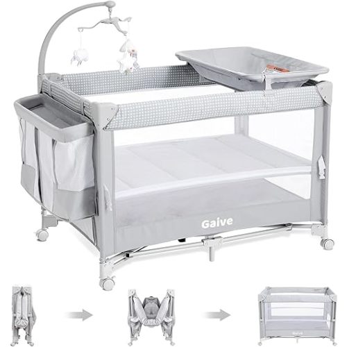 Baby Bassinet Bedside Crib, Pack and Play with Mattress, Diaper Changer, One-Push Setup Playards from Infants to Toddlers (Grey)