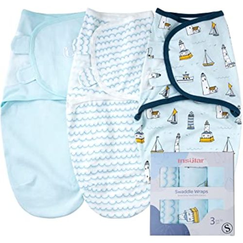 insular Swaddle Blanket, Baby Swaddle Wrap for Newborn and Infant, Adjustable Swaddle Set for Boy and Girl, Soft Cotton Baby Sleep Sack 3 Pack Small(0-3 Month), Ocean