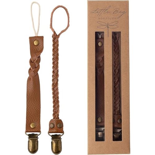 Little Bug Boutique 2-Pack Leather Baby Pacifier Clips - Neutral Pacifier Holders for Baby Girls & Boys, Paci & Binky Clips or Strap for Toys & Teethers (Camel Brown), Pacifier NOT Included