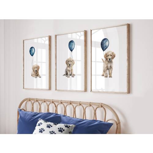 GOLDEN RETRIEVER with Navy Blue Balloons Three piece wall art. Golden Retriever art Boy's Bedroom or Boy's Nursery. Puppy Nursery Decor GR01