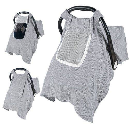 Beavtaens Baby Car Seat Cover, Muslin Infant Car Seat Cover, Carseat Cover with Breathable Mesh Peep Window & Pocket, Kick-Proof Infant Carseat Cover for Boys Girls (Grey)