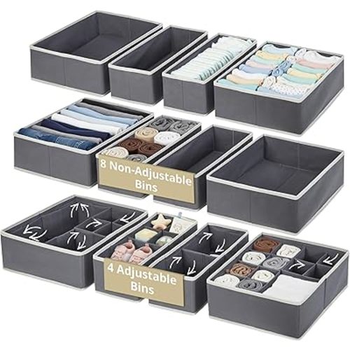 DECOMOMO Drawer Organizer for Baby – Clothes Organizer & Storage Dividers for Nursery, Storage Bins for Underwear, Bra, Socks, Diapers & Newborn Essentials (Grey, 12pcs)