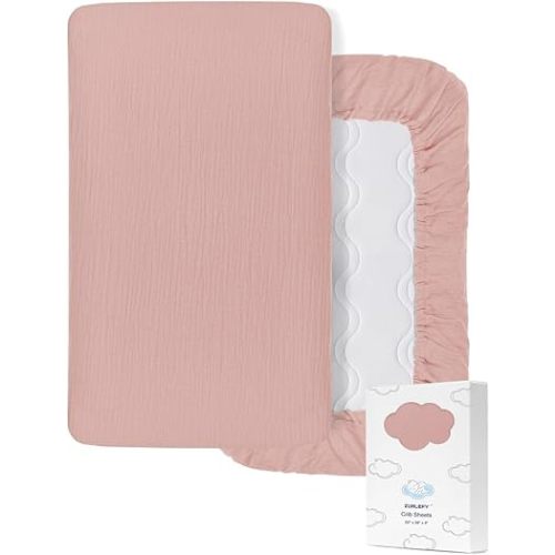 28" x 52" Fitted Crib Sheet for Girl, Pink Muslin Baby Crib Sheets for Standard Crib Mattress, Soft and Breathable Neutral Cotton Crib Sheets (46C-01)