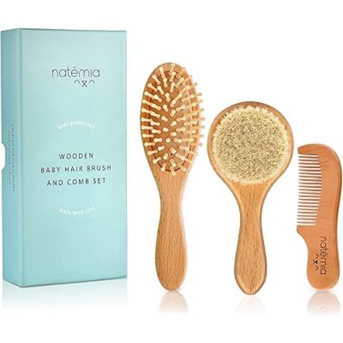 Natemia Baby Hair Brush and Comb Set for Newborn - Wooden Baby Hair Brush and Comb Set, Baby Hair Brush and Comb Set, Soft Bristle Hair Brush Baby, Toddler Cradle Cap Brush, Baby Brush