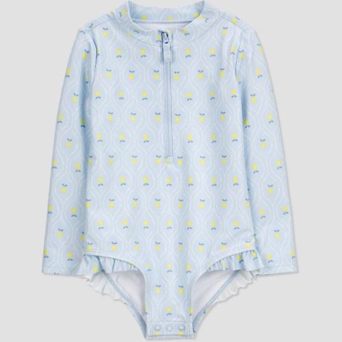 Carter's Just One You®️ Baby Girls' Long Sleeve Lemon Printed One Piece Rash Guard - Lemon Yellow/blue 12m